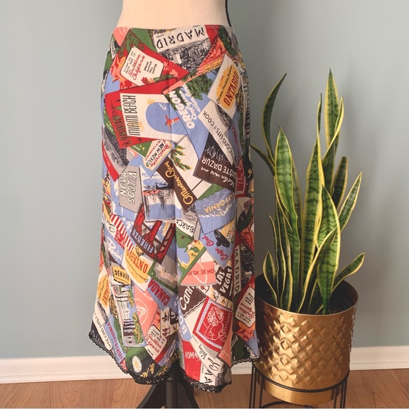 GAP Dresses & Skirts - [ GAP ] Vintage 90’s Postcard Travel Print Midi Slip Skirt 100% Silk • Size 10